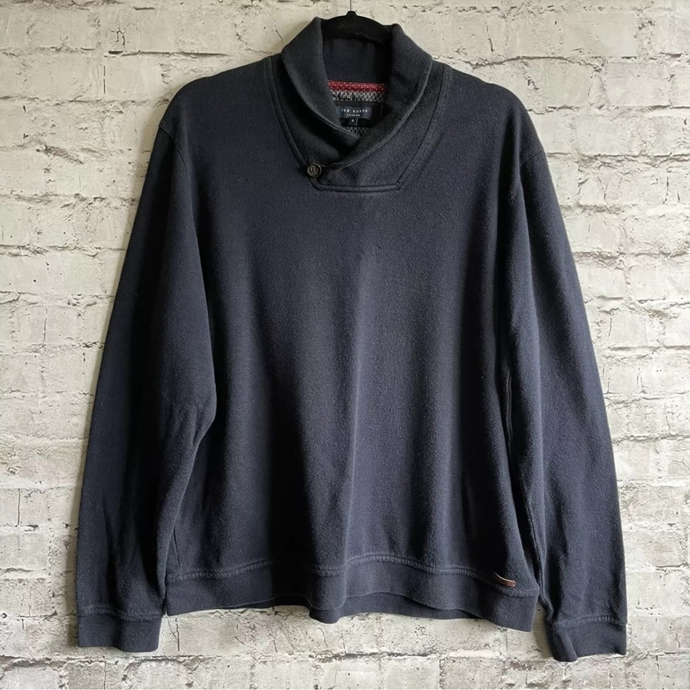 Ted Baker Navy Blue Men's Shawl Collar Jersey Pullover Long Sleeve Shirt